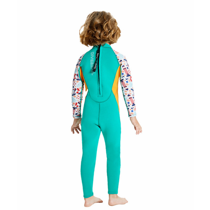 Dive Green Nautical Printed Full Length 2.5mm Neoprene Kids Swimsuit with Free Washbag