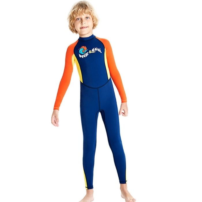 Full Length Dive Navy & Orange Printed Kids Swimwear In Upf 50+ Fabric with Free Washbag