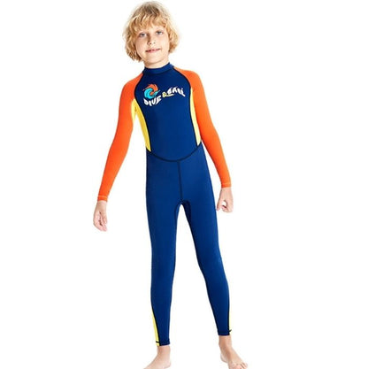 Full Length Dive Navy & Orange Printed Kids Swimwear In Upf 50+ Fabric with Free Washbag