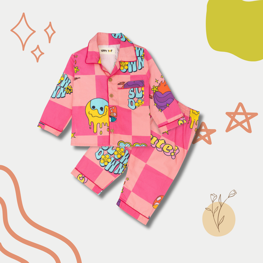 Pink Cotton Quirky Printed Nightsuit Set