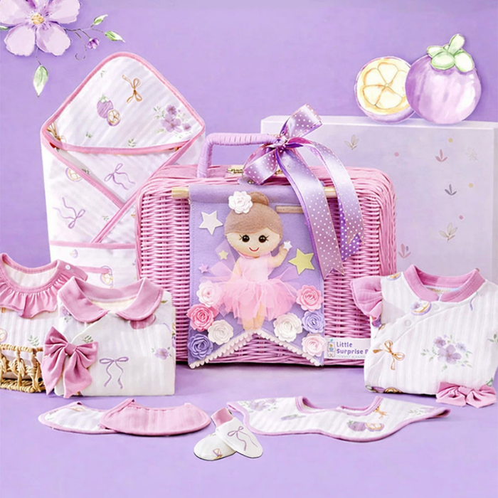 23 pcs Fairy Bow Newborn Baby Girl Gift Box set, All Season Wear Hamper with luxury designed Storage Cane Basket (0-12 months)