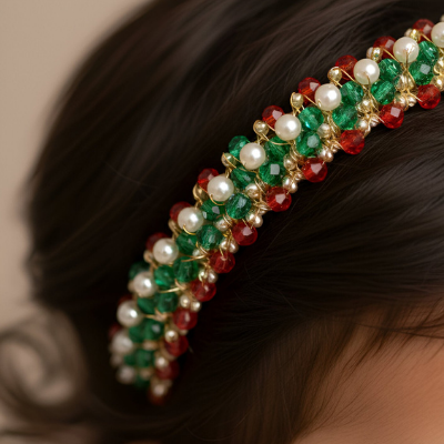 Choko Girls Beaded Headband with Tricolour Beads & Pearl Accents -Multicolour | Festive Kids Accessory