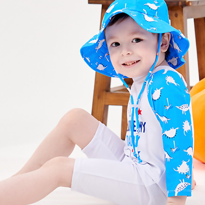 Blue Daddy Dino, Toddlers & Kids Swimwear with matching Hat, Free Wash Bag & Free Swim Detergent