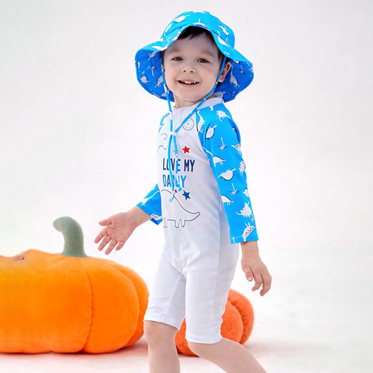 Blue Daddy Dino, Toddlers & Kids Swimwear with matching Hat, Free Wash Bag & Free Swim Detergent