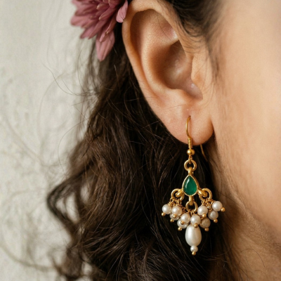 Choko Girls Ethnic Green Stone & Dangling Pearls Golden Earrings
