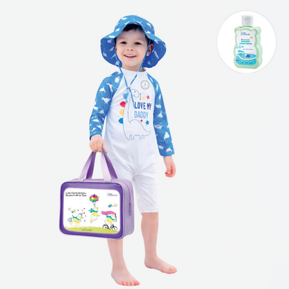 Blue Daddy Dino, Toddlers & Kids Swimwear with matching Hat, Free Wash Bag & Free Swim Detergent