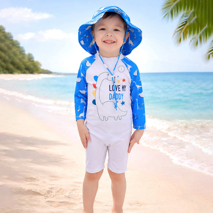 Blue Daddy Dino, Toddlers & Kids Swimwear with matching Hat, Free Wash Bag & Free Swim Detergent