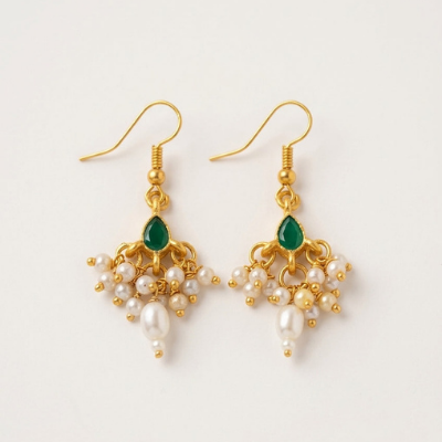 Choko Girls Ethnic Green Stone & Dangling Pearls Golden Earrings