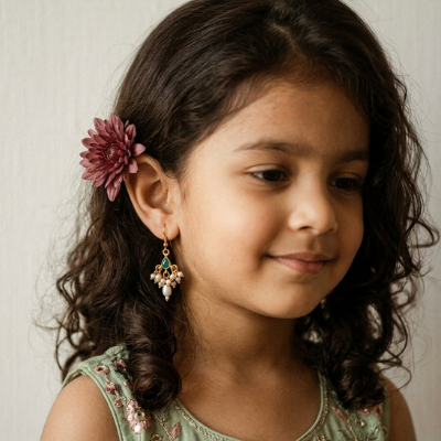 Choko Girls Ethnic Green Stone & Dangling Pearls Golden Earrings