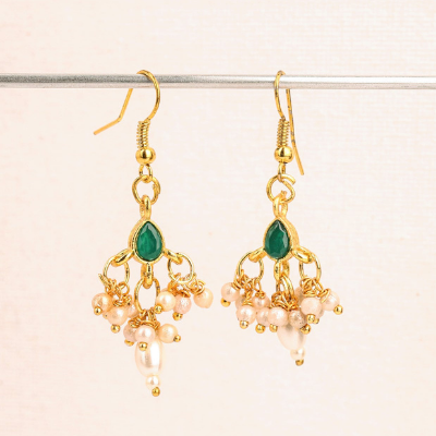 Choko Girls Ethnic Green Stone & Dangling Pearls Golden Earrings