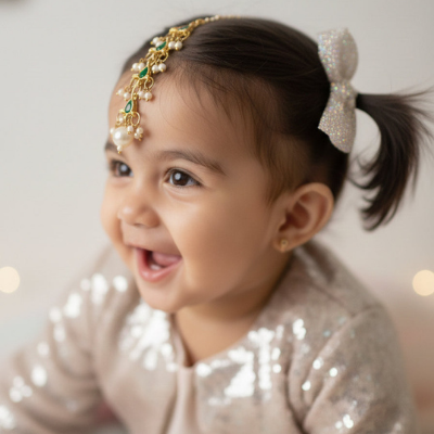 Choko Girls Green Floral Emerald Stone Pearl Drop Maang Tikka