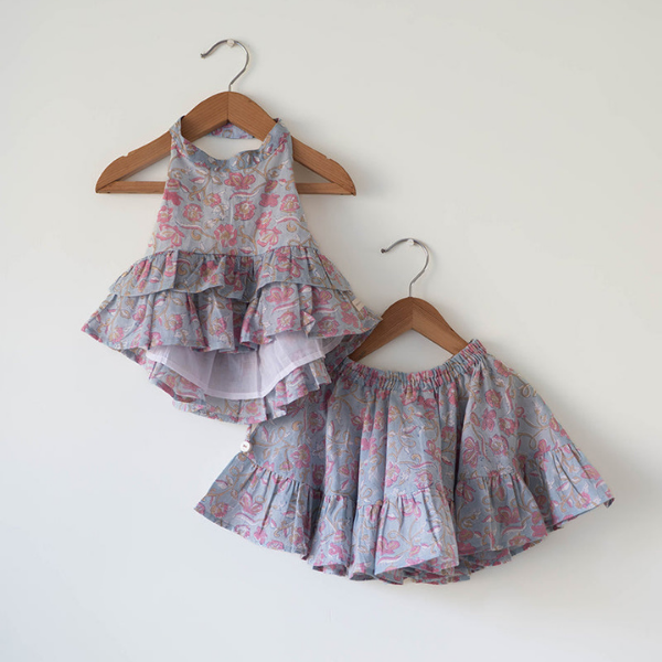 Flutter sky blue butterfly halter top skirt co-ord