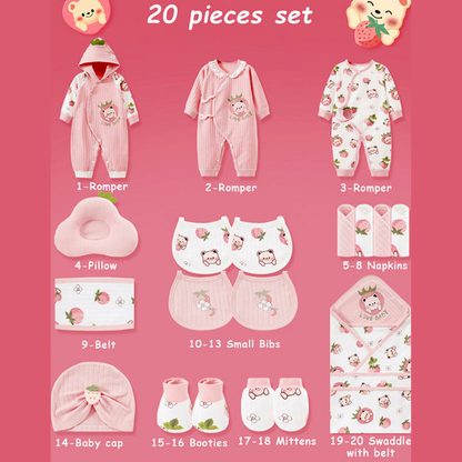 20 pcs Pinkberry Ted Newborn Baby Girl Gift Box, All Season Wear Hamper, (0-12 months)