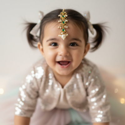 Choko Girls Green Floral Emerald Stone Pearl Drop Maang Tikka