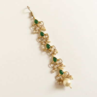 Choko Girls Green Floral Emerald Stone Pearl Drop Maang Tikka