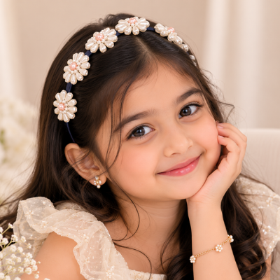 Choko Girls Hair Band with Pearl Floral Embellishments – Party Look – Navy Blue