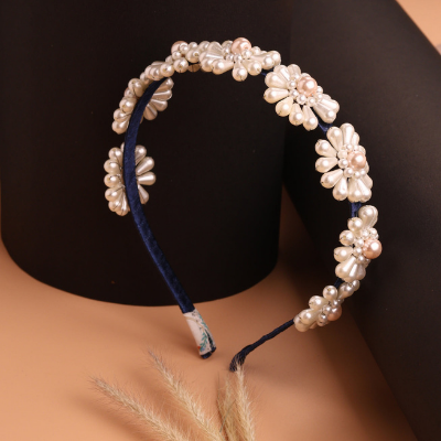 Choko Girls Hair Band with Pearl Floral Embellishments – Party Look – Navy Blue