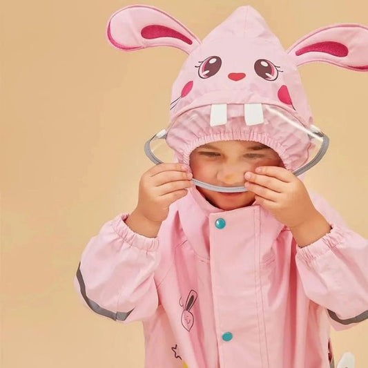 Baby Pink Rabbit Theme All Over Jumpsuit / Playsuit Raincoat for Kids