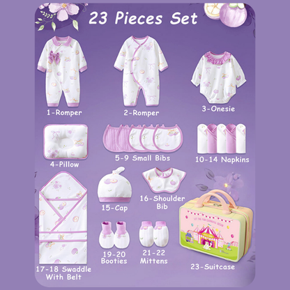 23pcs Purple Bow Newborn Baby Girl Gift Box, All Season Wear Hamper with Suitcase, (0-12 months)