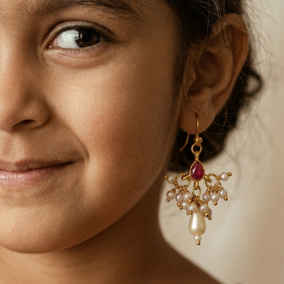 Choko Girls Red Chandelier Ruby Stone Pearl Drop Earrings