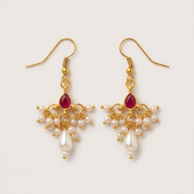 Choko Girls Red Chandelier Ruby Stone Pearl Drop Earrings