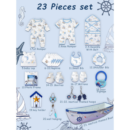 23 pcs Nautical Big Wooden Boat, Gift hamper for a newborn baby, Giftset for a baby, 0-12 months