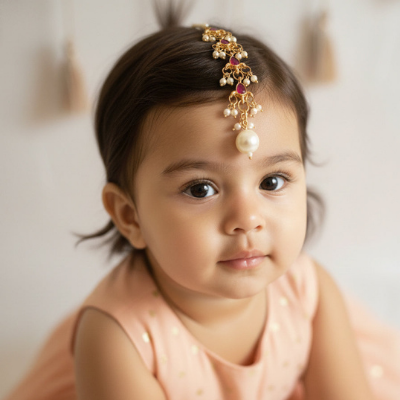 Choko Girls Red Floral Ruby Stone Pearl Drop Maang Tikka