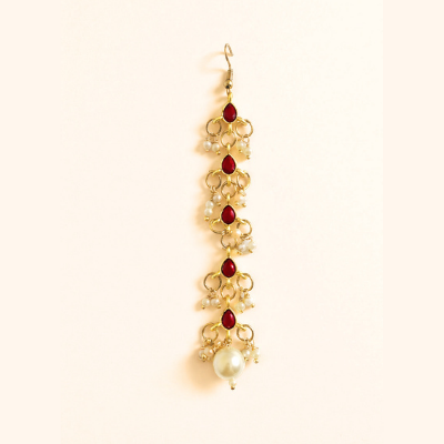 Choko Girls Red Floral Ruby Stone Pearl Drop Maang Tikka