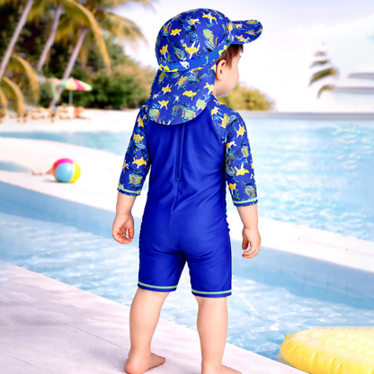 Green Blue Dino Splash, Toddlers & Kids Swimwear with long Cap Free Wash Bag & Free Swim Detergent