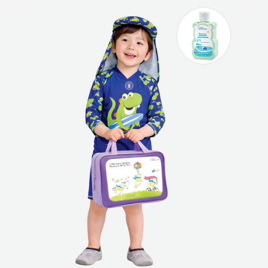 Green Blue Dino Splash, Toddlers & Kids Swimwear with long Cap Free Wash Bag & Free Swim Detergent