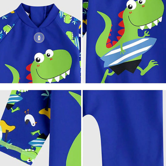 Green Blue Dino Splash, Toddlers & Kids Swimwear with long Cap Free Wash Bag & Free Swim Detergent