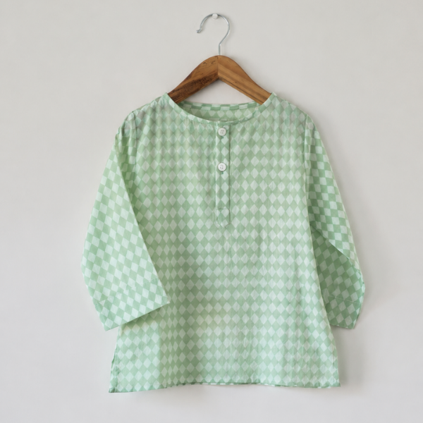Sleepover party kids unisex kurta in sage green rhombus
