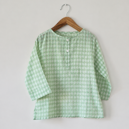 Sleepover party kids unisex kurta in sage green rhombus