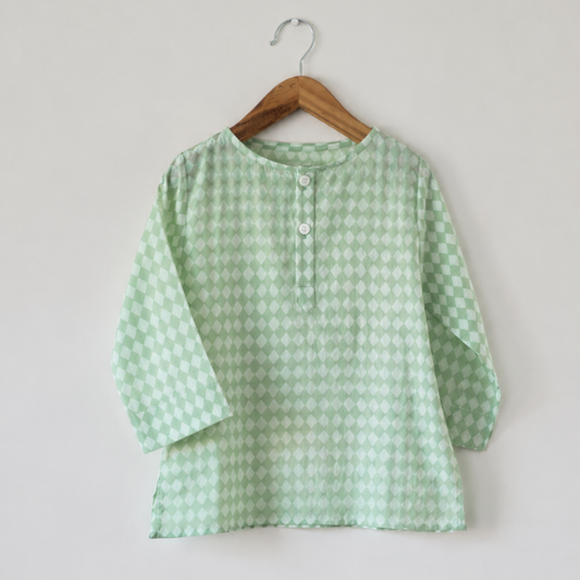 Sleepover party kids unisex kurta in sage green rhombus