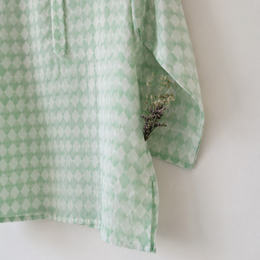 Sleepover party kids unisex kurta in sage green rhombus