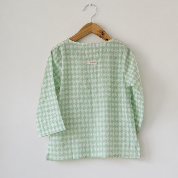 Sleepover party kids unisex kurta in sage green rhombus
