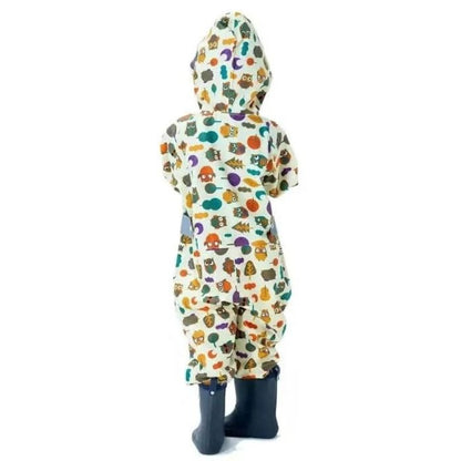Cream Woodland Owl Theme All Over Jumpsuit / Playsuit Raincoat for Kids