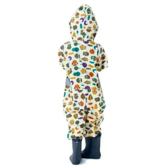 Cream Woodland Owl Theme All Over Jumpsuit / Playsuit Raincoat for Kids
