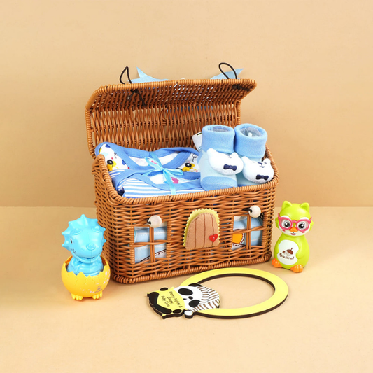 15 pcs Blue Blessed Home cane basket Newborn Hamper/Gift Box for Baby Boy, 0-6 months