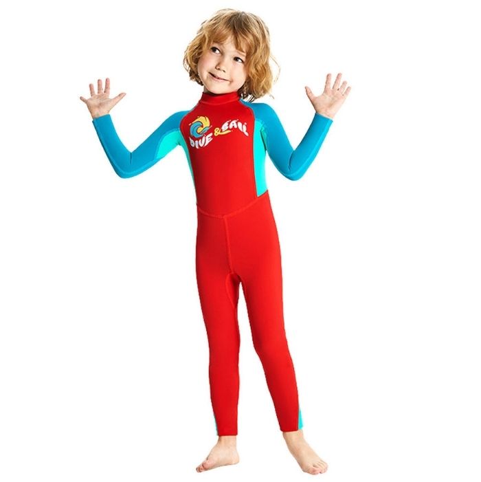Full Length Dive Red & Teal Green Printed Kids Swimwear In Upf 50+ Fabric with Free Washbag