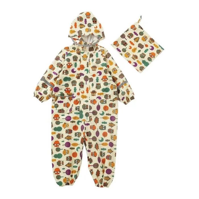 Cream Woodland Owl Theme All Over Jumpsuit / Playsuit Raincoat for Kids