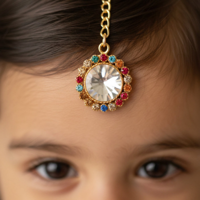 Choko Girls Set of 2 Multicolor Round Crystal Stone Maang Tikka