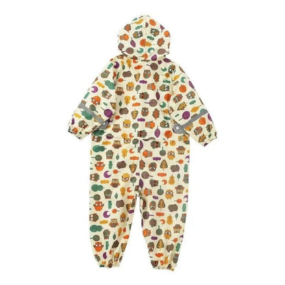 Cream Woodland Owl Theme All Over Jumpsuit / Playsuit Raincoat for Kids