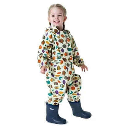 Cream Woodland Owl Theme All Over Jumpsuit / Playsuit Raincoat for Kids