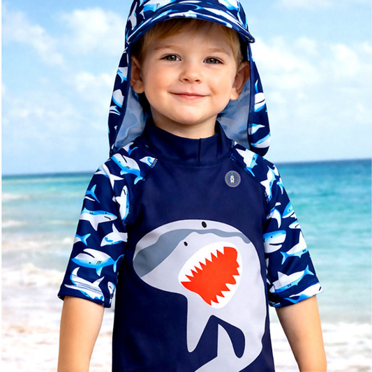 Navy Shark, Toddlers & Kids Swimwear with long Cap Free Wash Bag & Free Swim Detergent