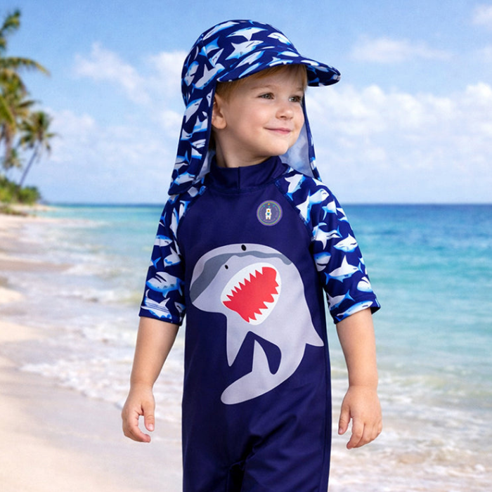 Navy Shark, Toddlers & Kids Swimwear with long Cap Free Wash Bag & Free Swim Detergent