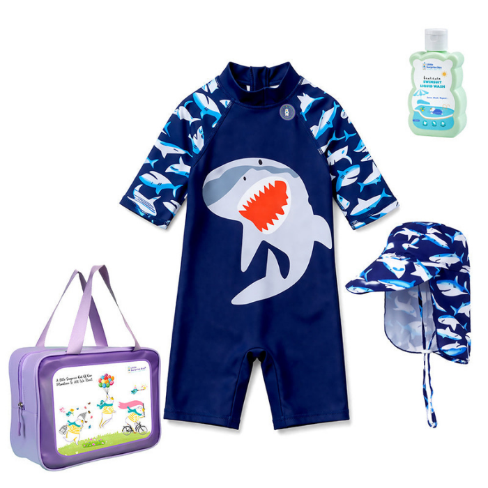 Navy Shark, Toddlers & Kids Swimwear with long Cap Free Wash Bag & Free Swim Detergent