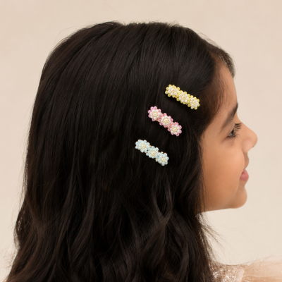 Choko Set of 6 - Flowery Cotton and Pearl Hairclip Set - 3 Pairs (Baby Pink, Soft Blue, Yellow)