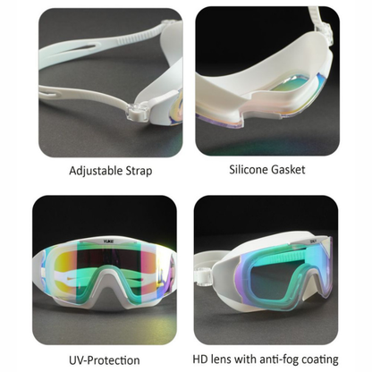 White with Multi Full Glass panel styled Anti-Fog UV Protection Leakproof design Swim Goggles for Adults