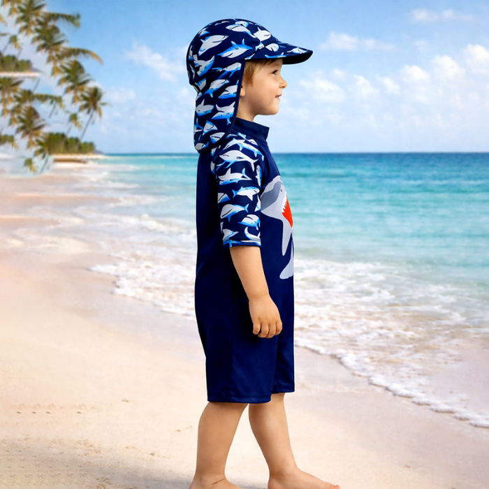 Navy Shark, Toddlers & Kids Swimwear with long Cap Free Wash Bag & Free Swim Detergent